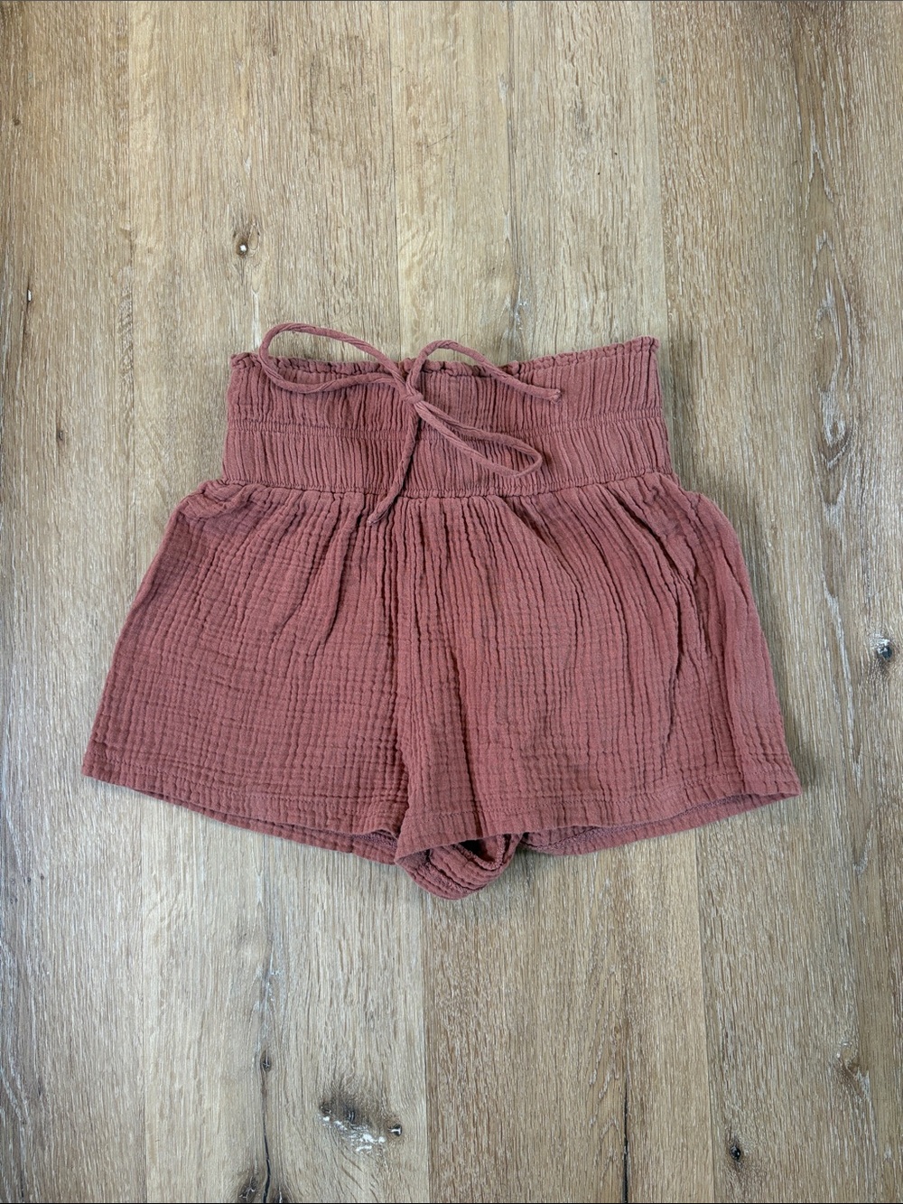 High-Waist Smocked Rust Pink Gauze Shorts